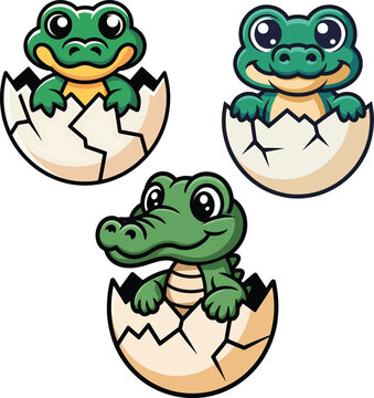 A cute green cartoon crocodile hatching from a cracked white eggshell high-quality
