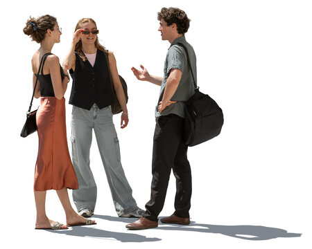 Three people standing and talking. Backlit PNG image isolated on transparent and white background