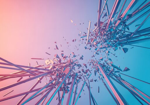 Digital abstract rendering of extreme structural failure, featuring fragmented lines, scattered geometry, and a sense of intense visual agitation, texture, abstract, unrest