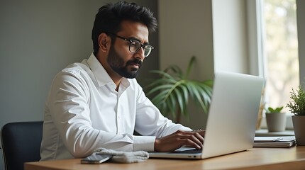 Obraz premium Professional man using laptop in modern home office workspace