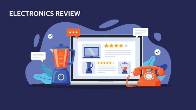 Digital platform for electronics reviews showing a laptop with user ratings blender and a classic telephone on a blue background.