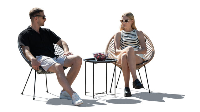 Man and woman sitting comfortably outside in chairs and talking, isolated on white and transparent background