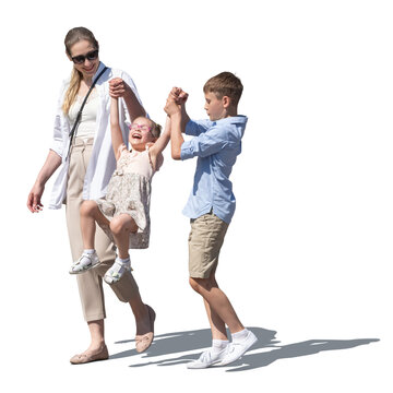 Woman with two kids walking cheerfully in the street, isolated on white and transparent background