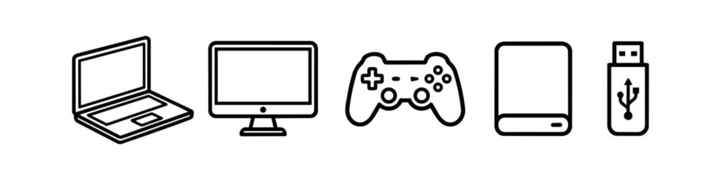 Minimalist Electronic Device Outline Icon Set Featuring Laptop, Desktop Monitor, Game Controller, External Hard Drive, and USB Flash Drive