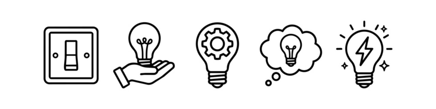 Set of Minimalist Line Icons Representing Innovation, Creative Ideas, Problem Solving, and Electrical Power with Light Bulbs, Light Switch, and Gear Symbols