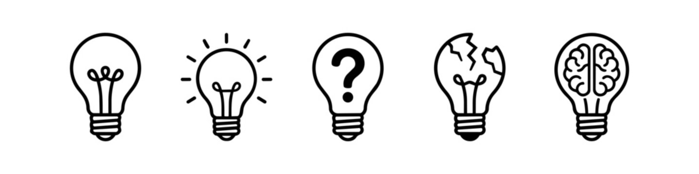 Set of light bulb icons representing creative ideas innovation brainstorming problem solving intelligence and failure minimalist black line art vector on white background