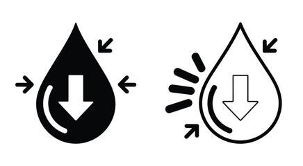 Low water level icon vector, down water level sign, water drop icon with arrow, water drops falling downwards indicator, water scarcity and depletion warning symbol, liquid level decrease concept,  © welcome  saiful