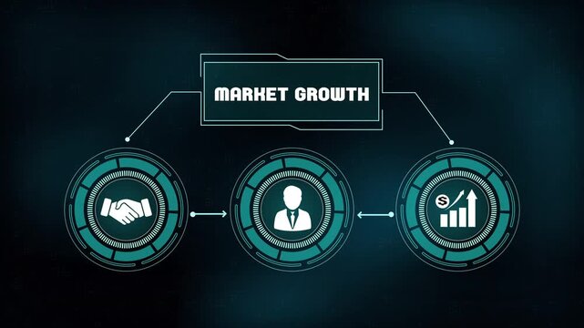 Market growth dashboard with business icons, analyzing economic expansion and financial success, professional partnership and leadership strategy.