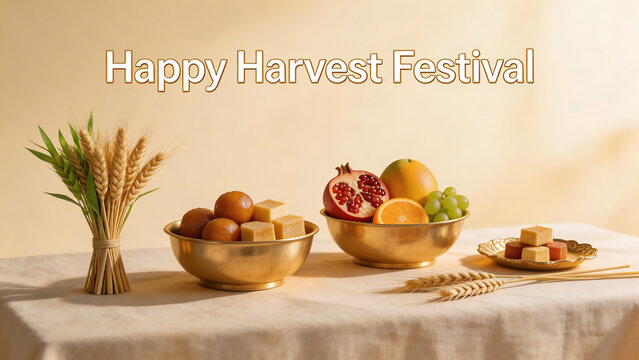 Golden bowls hold fruits and sweets