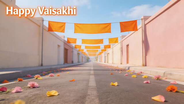 Bright orange banners stretch along a sunlit street