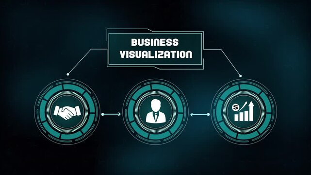 Business visualization interface featuring professional handshake, executive profile, and financial growth bar chart for corporate strategy.