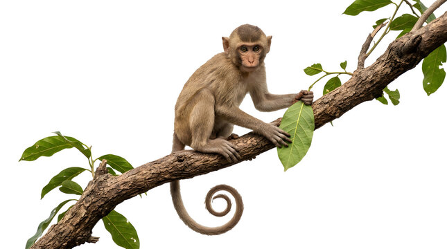 Cute brown monkey holding green leaf on tree branch isolated on transparent background
