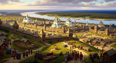 Obraz premium A historical scene depicts a medieval town protected by wooden walls and showcasing prominent churches, capturing the essence of a bygone era's architecture and community