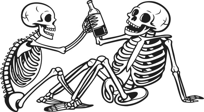 Skeleton friends drinking beer vintage engraving. A highly detailed black and white vintage vector illustration of two cheerful skeletons sitting side by side, smiling and holding drinks. vector illus