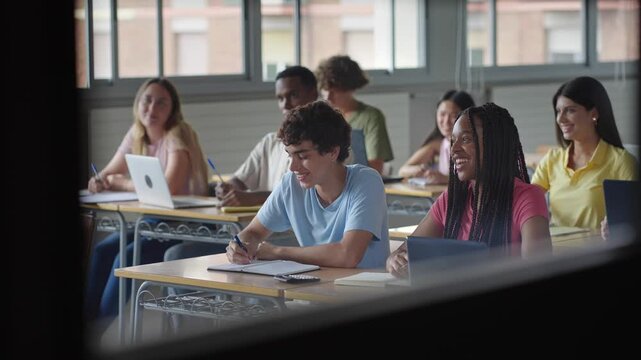 Group of Teenager Students listening professor lecture learning at High School College 