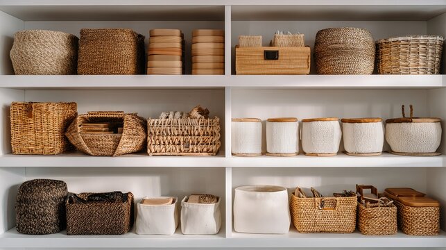 A neatly organized white shelving unit filled with various woven baskets and containers for storage