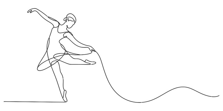 A single continuous line drawing of a graceful ballerina performing a dance on a white background