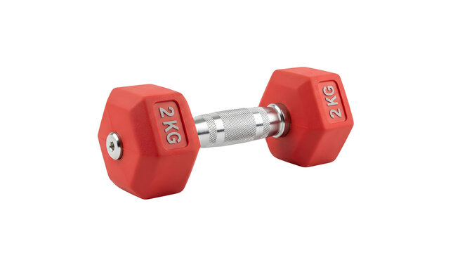 Pair of red hexagonal dumbbells 2kg each isolated on transparent background