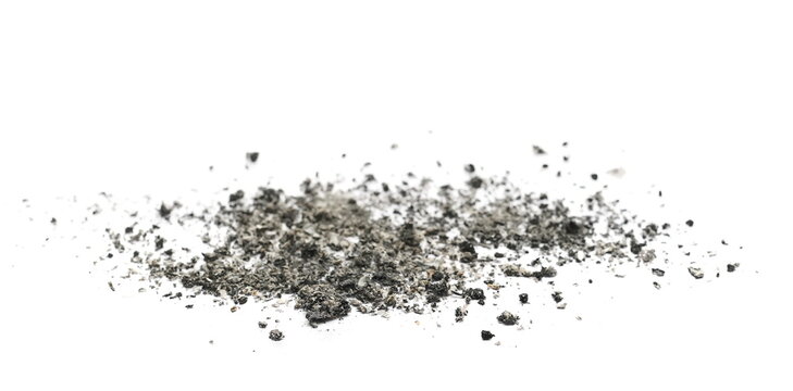 cigarette ash pile isolated on white background and texture, side view, clipping path	