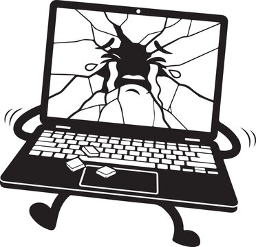 Anthropomorphized laptop displaying a shattered screen with spiderweb cracks isolated on transparent background, Vector