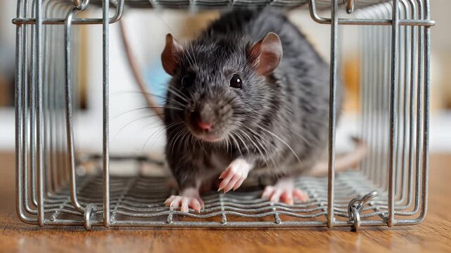 A black rat is trapped inside a metal cage looking for a way out.