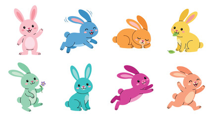 Fototapeta premium Colorful cartoon rabbits in various poses and shades displayed on a white background
