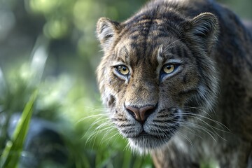 Fototapeta premium Sabertoothed Cat Hunting in an Ice Age Landscape With Lush Green Surroundings