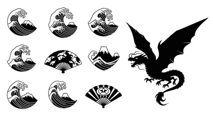 Fototapeta premium Black and white dragon and wave designs.