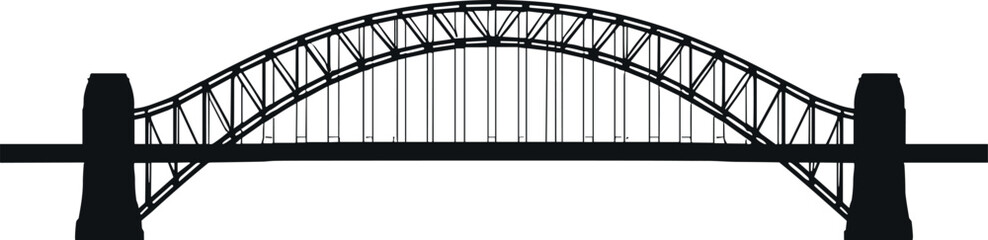 Naklejka premium Detailed Black Silhouette of the Iconic Sydney Harbour Bridge Landmark Featuring Arched Steel Structure and Pylons Isolated on a Clean White Background