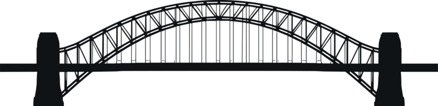 Detailed Black Silhouette of the Iconic Sydney Harbour Bridge Landmark Featuring Arched Steel Structure and Pylons Isolated on a Clean White Background