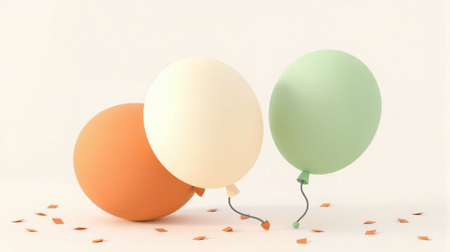 Stillleben mit drei pastellfarbenen Ballons und Konfetti