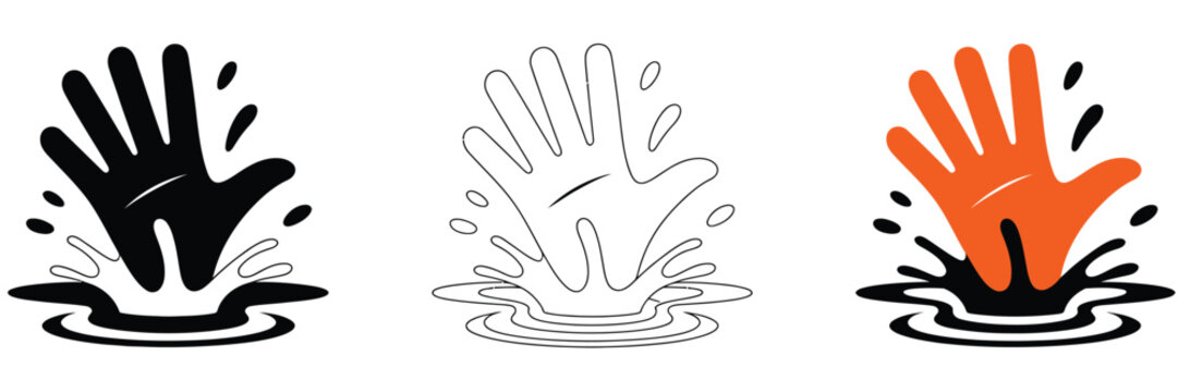 Hand reaching out from water concept, drowning and rescue help icon vector illustration, emergency distress signal hands from water, survival assistance and save life warning symbol, water hazard 
