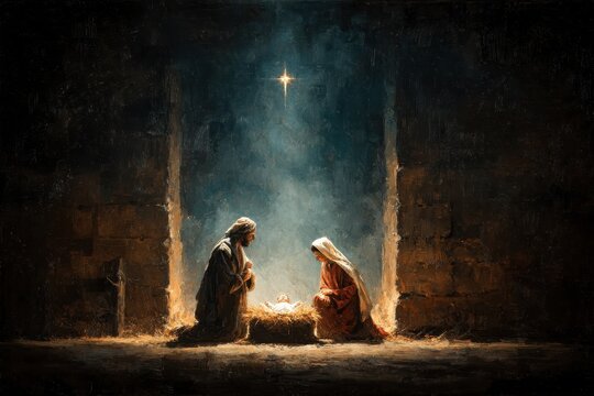 Nativity scene with baby Jesus in manger Mary and Joseph kneeling under glowing star in ancient stable