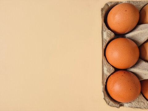 Close-up of fresh brown organic chicken eggs in a cardboard carton box on the side of a beige background with wide copy space, Easter background, poultry farming and agriculture, egg industry