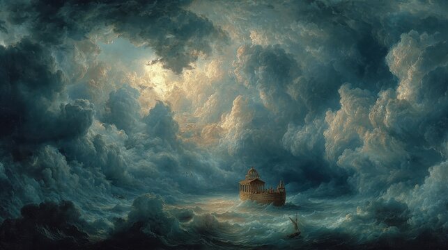 oah's Ark on vast stormy waters under dramatic turbulent sky great flood biblical scene