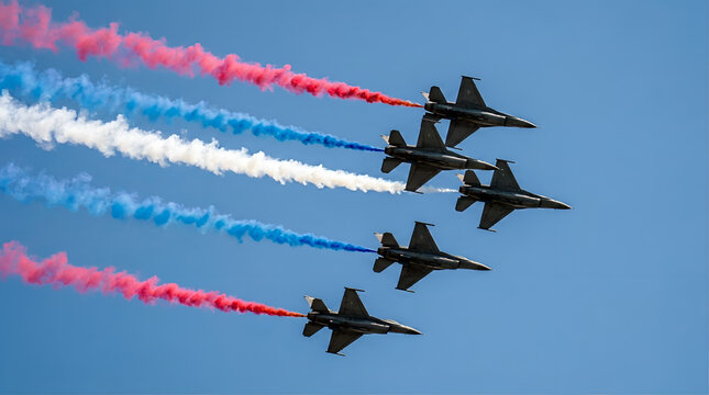 Fighter jets diagonal formation with red white blue smoke