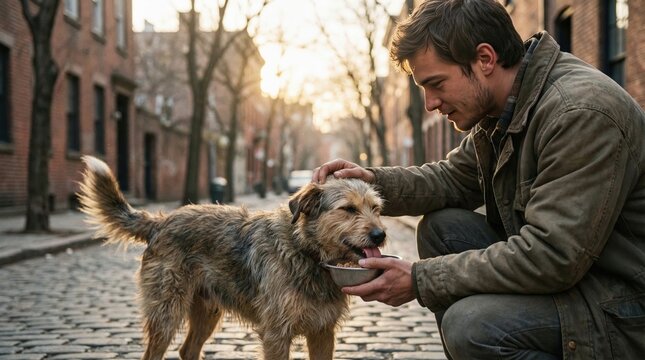 Compassionate man in worn clothing kneels to feed a scruffy stray dog from a bowl on a cobblestone street in a city alleyway at sunset
