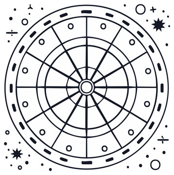 Astrological Wheel Chart with Cosmic Stars and Celestial Orbs Line Art