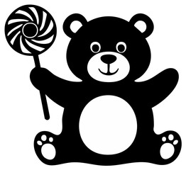 Obraz premium Cartoon Bear with Lollipop Sweet Treat Black and White Vector Illustration