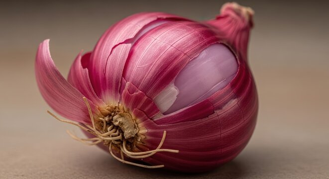Close up of a single red onion with visible layers and roots on a neutral background.
