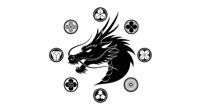Black dragon head with circular symbols.