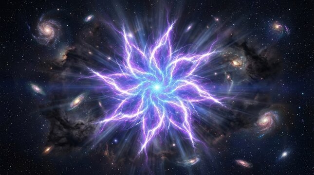 Cosmic explosion of vibrant purple and blue lightning forming a flower-like fractal pattern in the vastness of space surrounded by swirling galaxies and stars