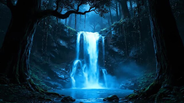 Mystical waterfall cascades into a tranquil pool surrounded by lush forest trees