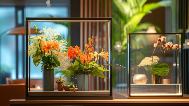 Elegant flower arrangements in modern glass display cases