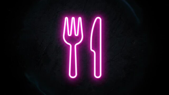 Neon fork and knife symbol glowing on a textured dark gray surface