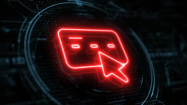 Neon glowing webpage icon with a computer cursor pointing towards it