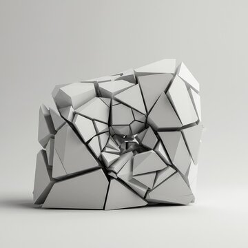 An unsettling empty canvas fractured by geometric disruption. Pure white abstraction showing chaos and structural failure, deformation, minimal, split