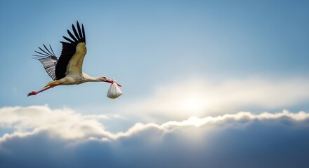 stork in the sky holding baby © Design