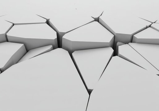 Abstract shattered white surface creating angular fragments and sharp gaps. Focus on emptiness, rupture, and separation, background, jagged, division