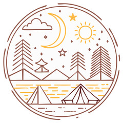 Fototapeta premium Stylized camping adventure emblem with tents, mountains, sun, and moon line art illustration